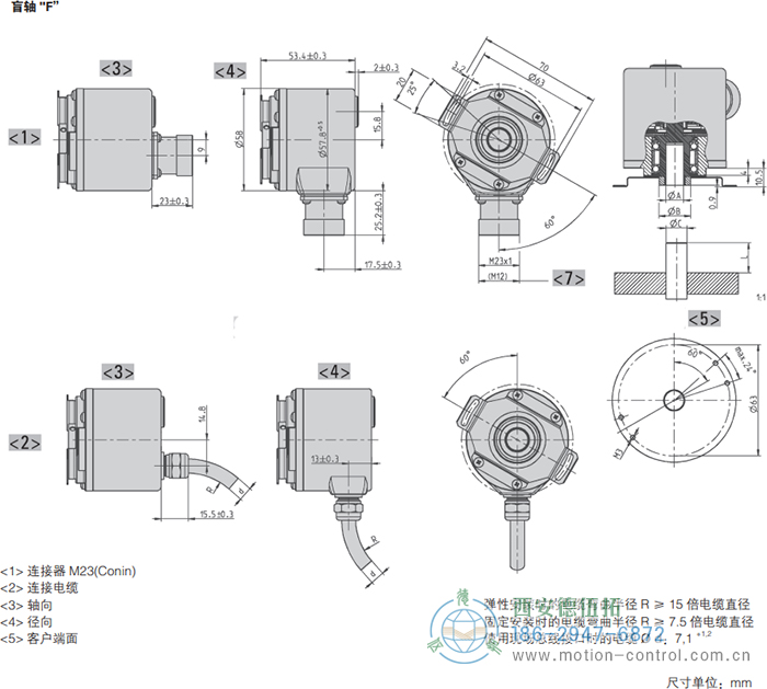 AC58-DeviceNet光電絕對值通用編碼器外形及安裝尺寸(盲軸F) - 西安德伍拓自動化傳動系統有限公司