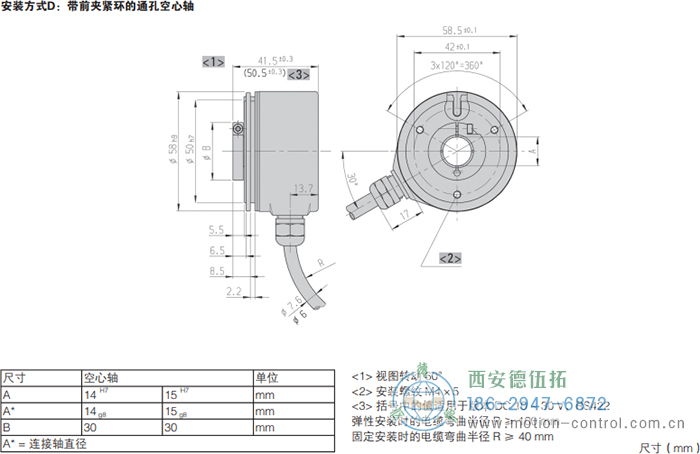 RI58-G/RI58-TG空心軸光電增量通用編碼器的外形及安裝尺寸(安裝方式D：帶前夾緊環的通孔空心軸) - 西安德伍拓自動化傳動系統有限公司